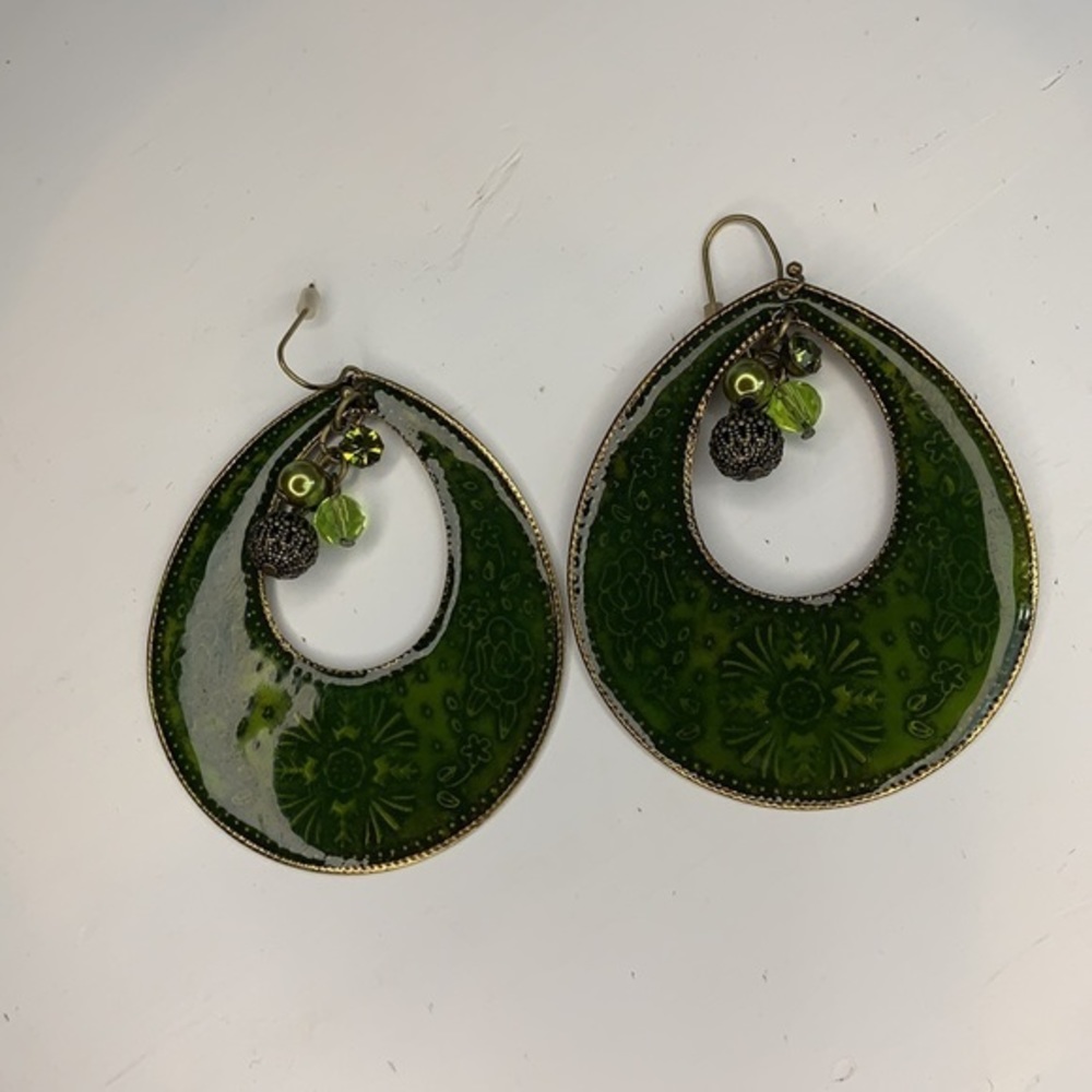Boho Gold Tone and Green Enamel Drop Earrings - Picture 4 of 5